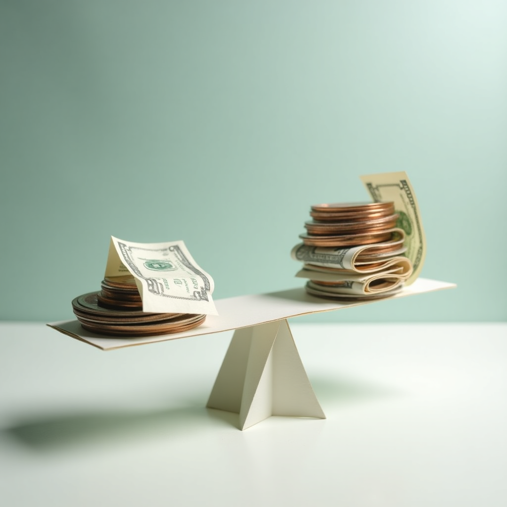 Paper-craft balance scale with coins and bills