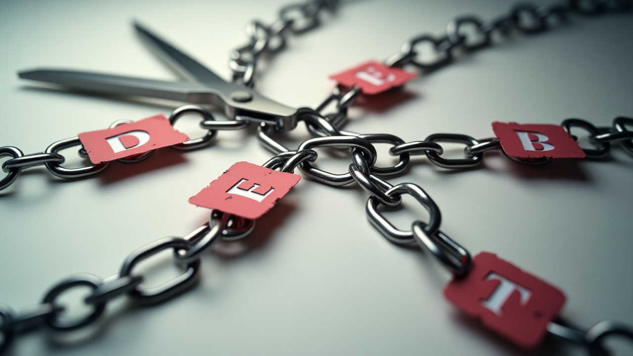 Scissors cutting paper chains labeled debt
