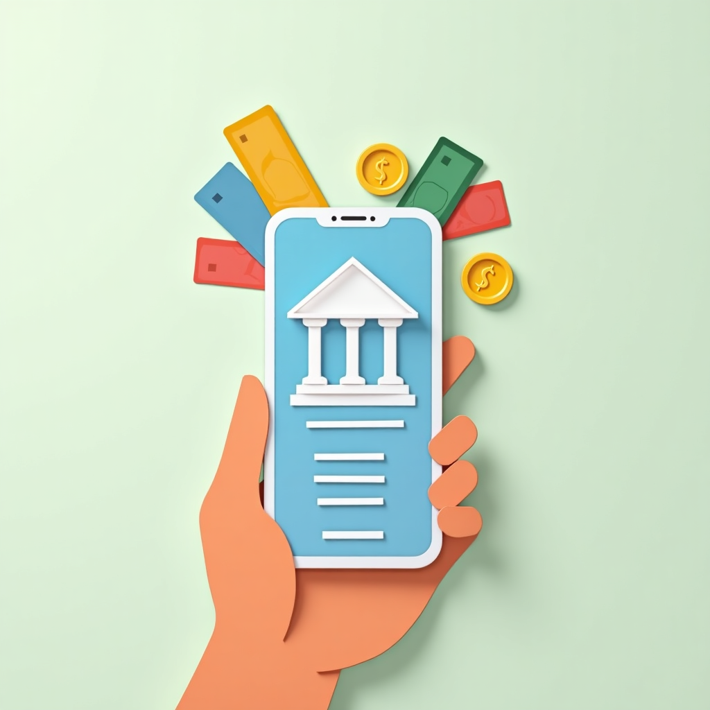 Paper smartphone with banking app and coins