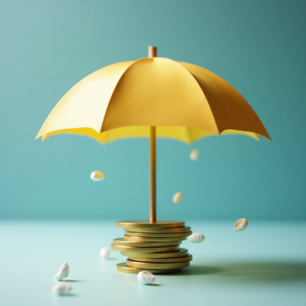Paper umbrella protecting coins from paper raindrops