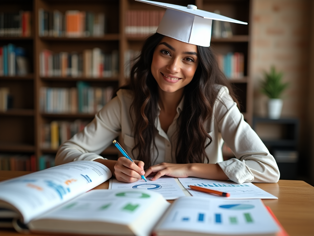 Desk with financial books and graduation cap