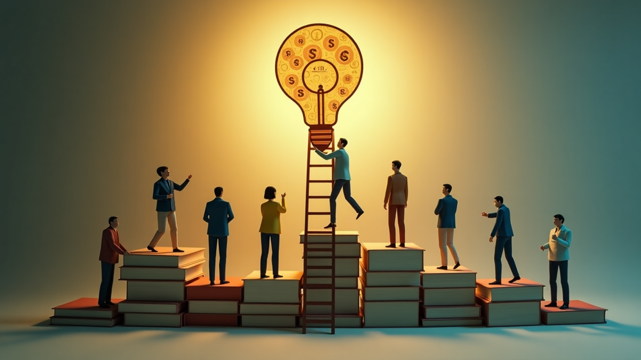 Paper figures reaching for lightbulb coins on books