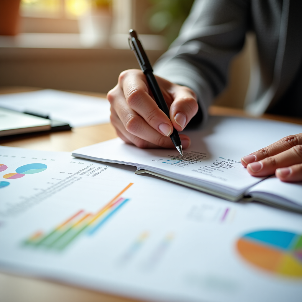 Financial planning workspace with charts and calculations