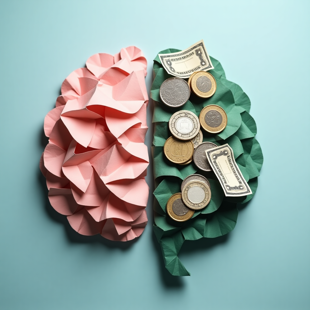 Paper brain with organized and chaotic sides representing money mindset
