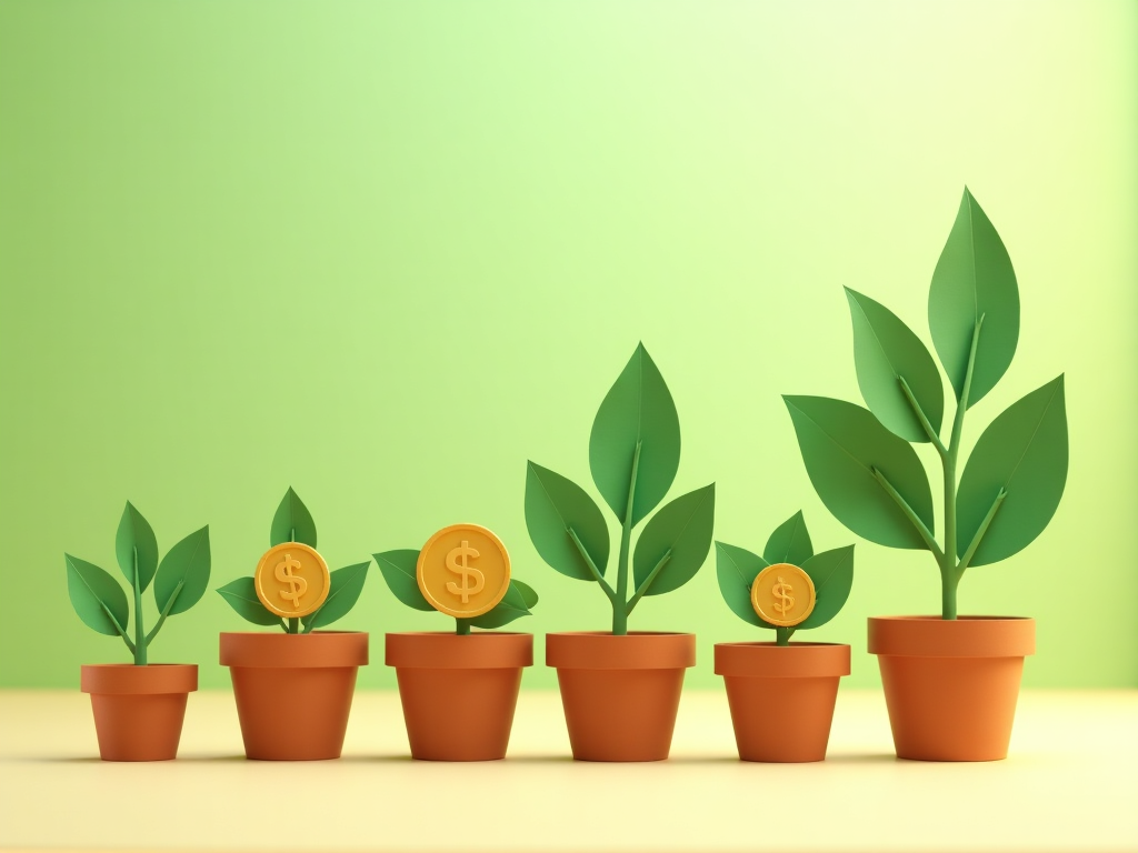 Paper plants with coin fruits representing investment growth