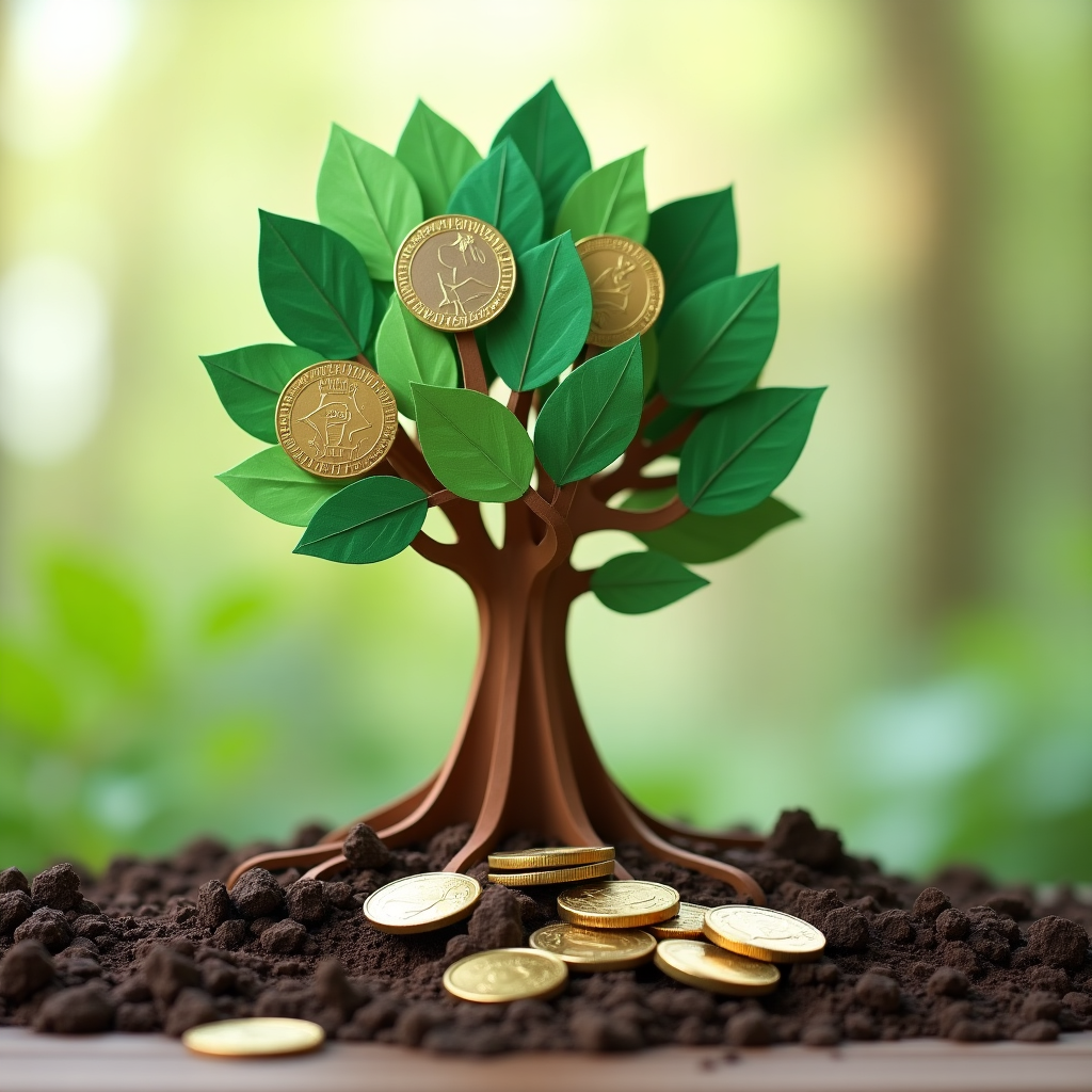 Paper tree with coin leaves and roots